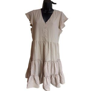 Beige Tiered Ruffle Short Sleeve Dress By Entro Size M V-Neckline With Button De